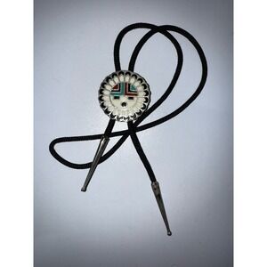 Vintage Southwestern‎ style Bolo Tie Inlay Silver Tone HEAVY DUTY WESTERN NATIVE